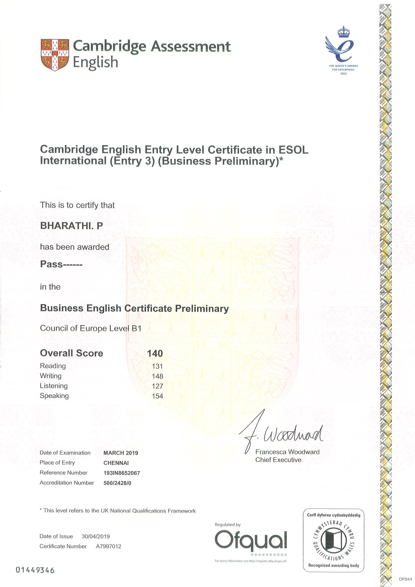Student Certificate of pass in BEC exam